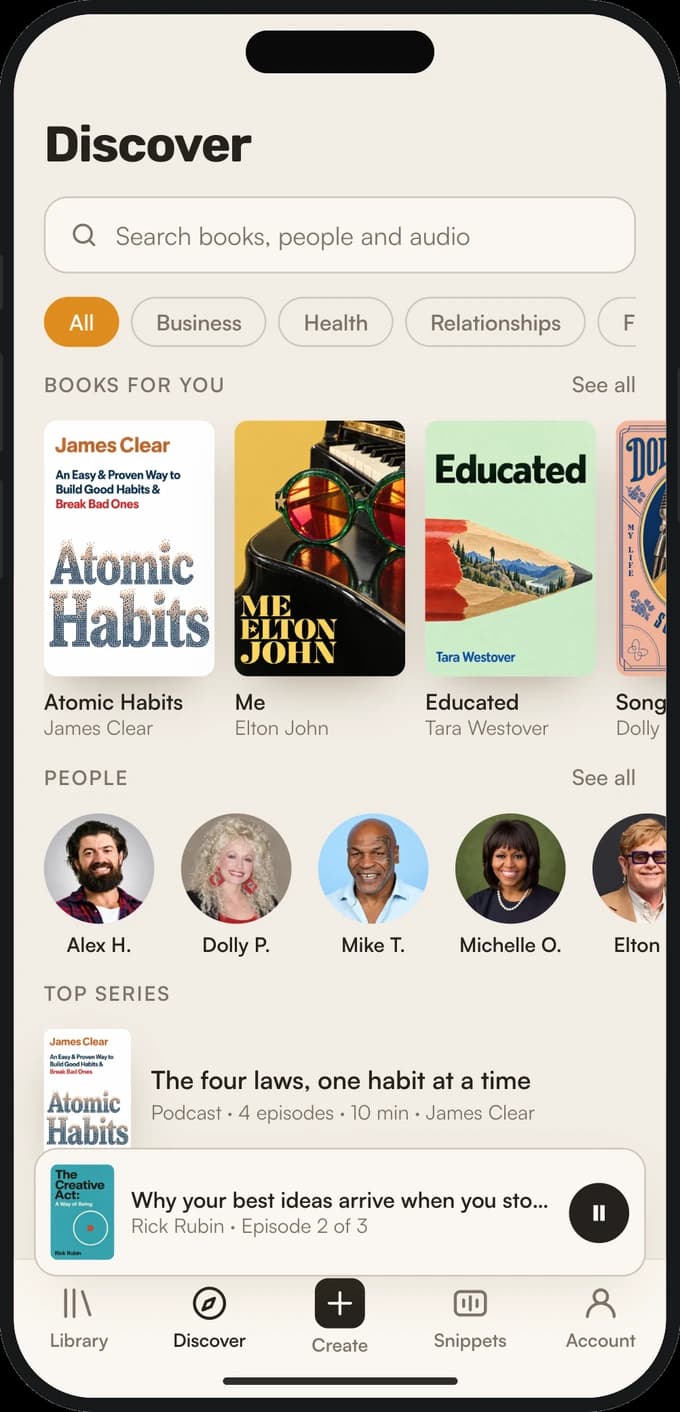 Waffle's Discover tab, with books for you, people and top series